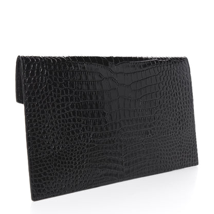Saint Laurent Calfskin Crocodile Embossed Uptown Monogram Clutch Black 3 of 8