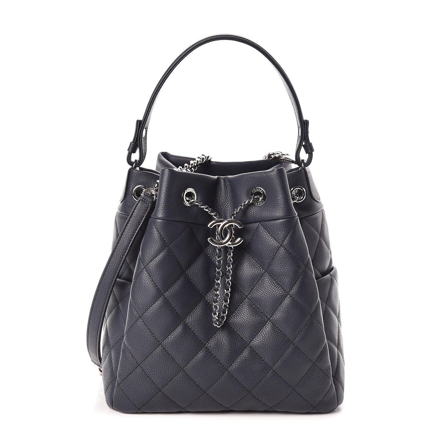 Grained Calfskin Quilted Medium CC Chain Bucket Drawstring Bag Blue