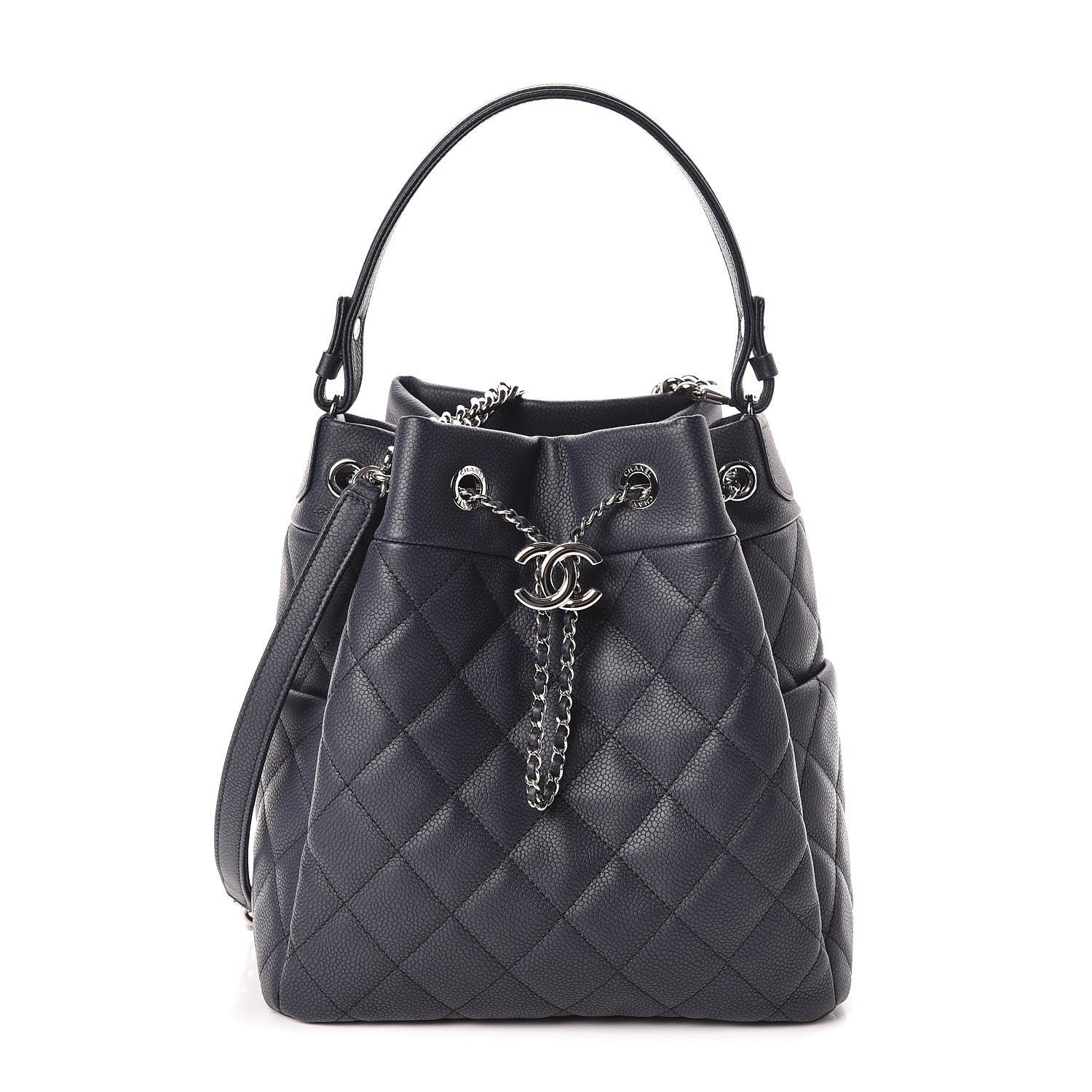 Chanel Grained Calfskin Quilted Medium CC Chain Bucket Drawstring Bag Blue 1 of 10