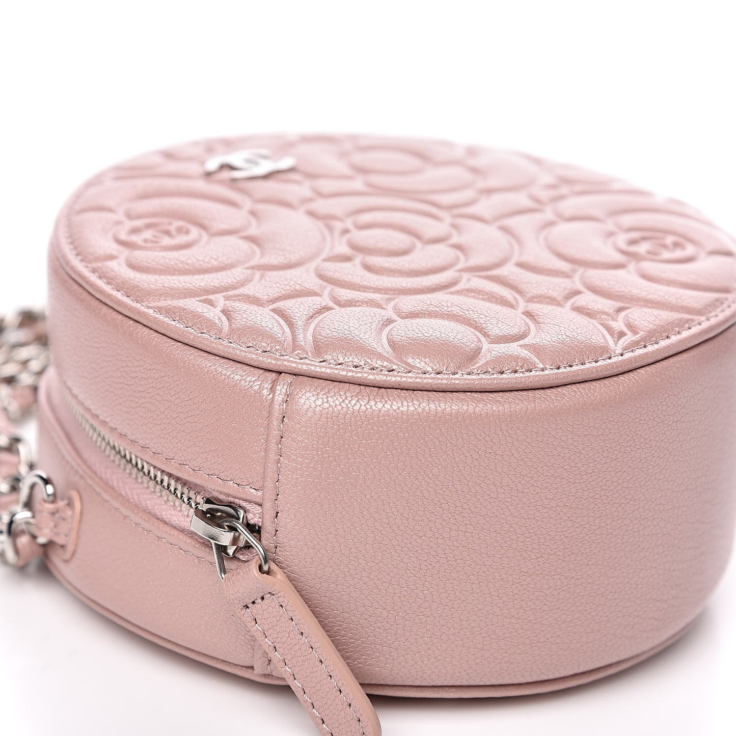 Goatskin Camellia Quilted Round Clutch With Chain Light Pink
