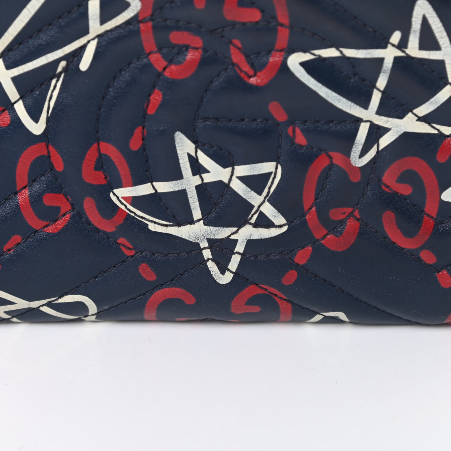 Calfskin Matelasse GucciGhost Mini GG Marmont Chain Bag Blue Agata Hibiscus Red