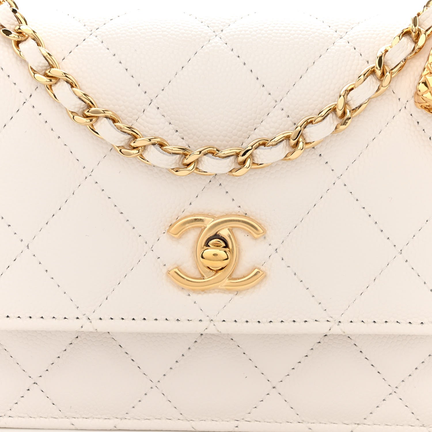 Chanel Shiny Caviar Quilted Flap Charm Wallet On Chain WOC White 9 of 12