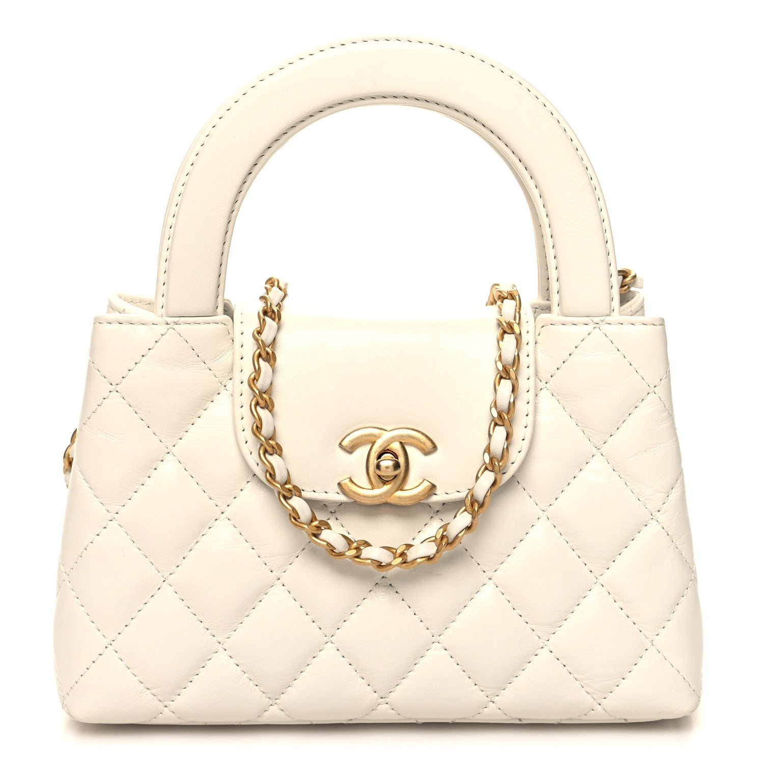 Chanel Shiny Aged Calfskin Quilted Nano Kelly Shopper White 1 of 11