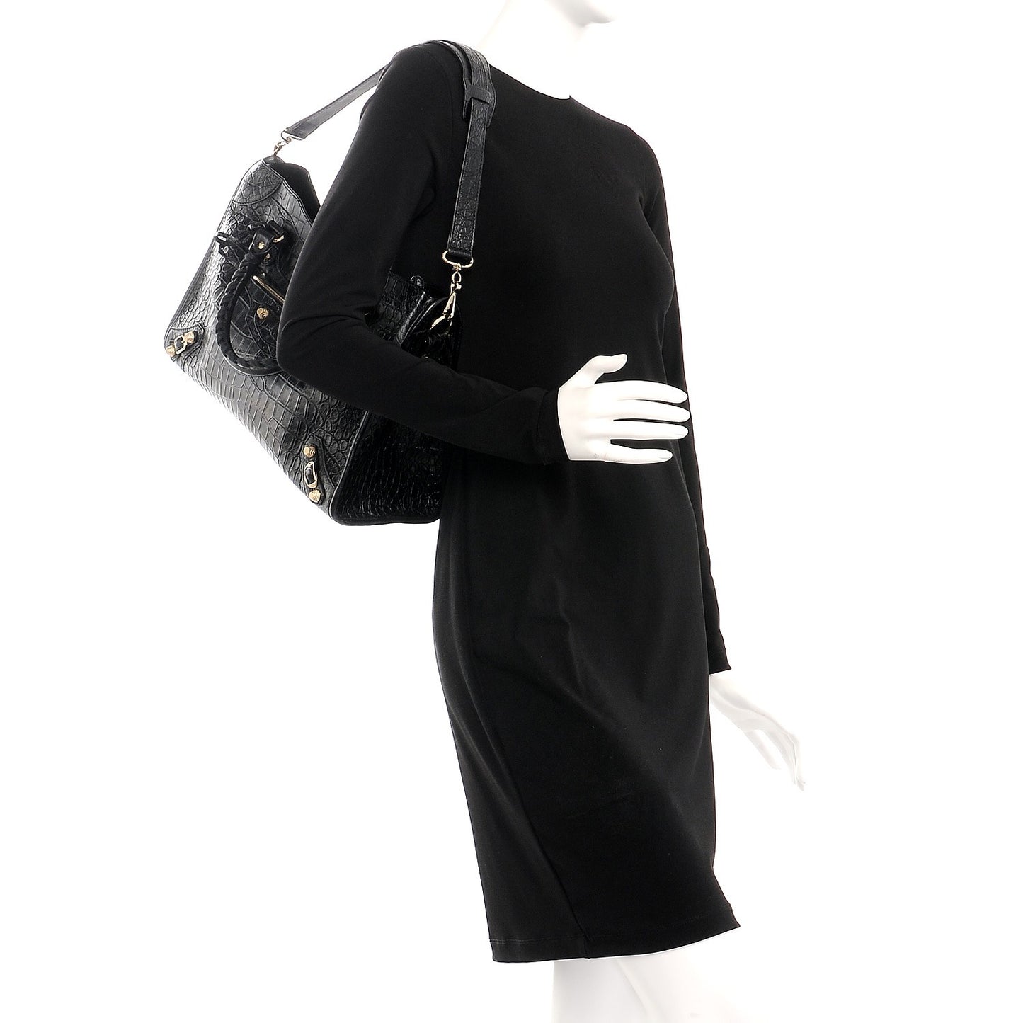 Calfskin Crocodile Embossed Giant 12 Gold Hardware City Black