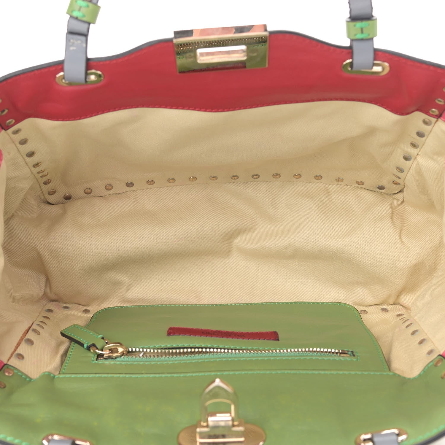 Valentino Garavani Vitello Colorblock Small Rockstud Tote Deep Rose Clover Grey Scarlet 5 of 17