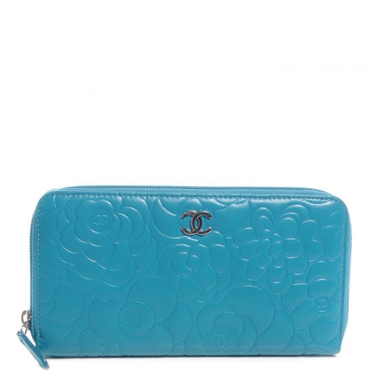 Chanel Lambskin Camellia Embossed Large Zip Wallet Turquoise 1 of 9