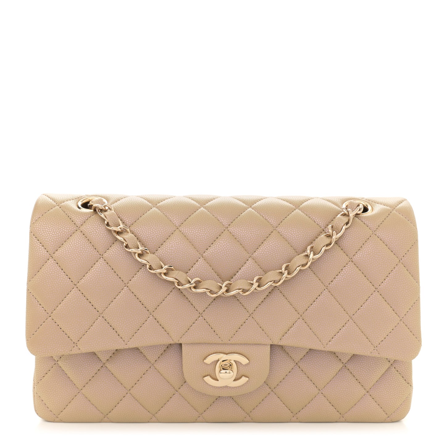 Iridescent Caviar Quilted Medium Double Flap Dark Beige