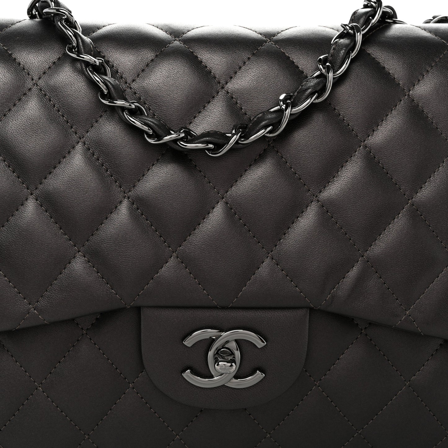 Lambskin Quilted Jumbo Single Flap  Dark Grey