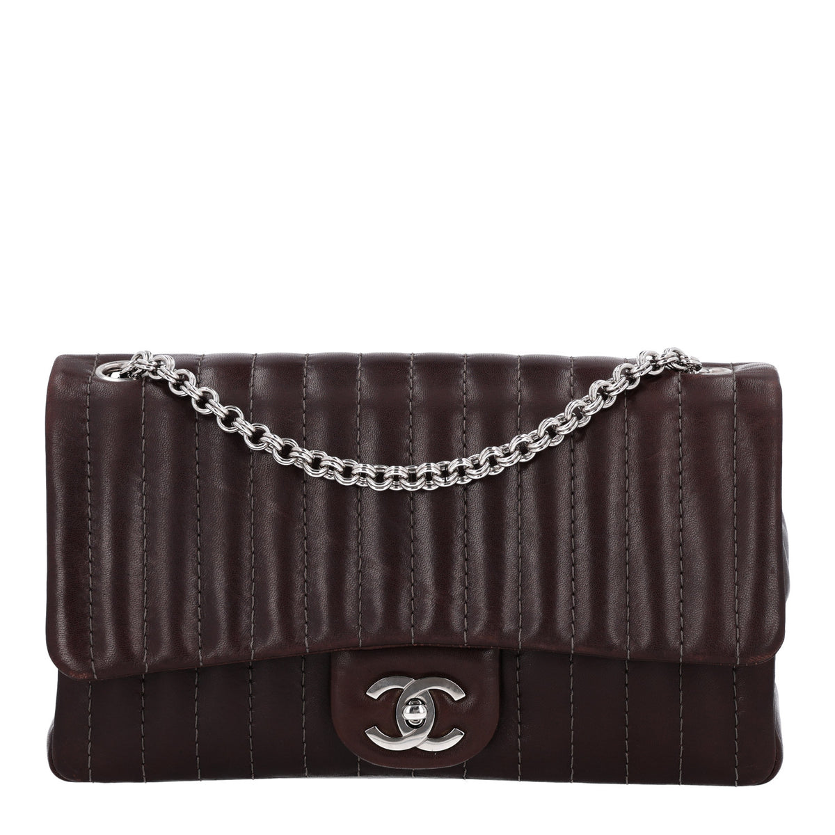 Lambskin Vertical Quilted Medium Single Flap Brown