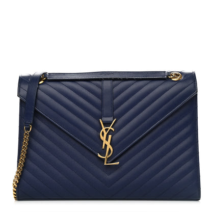 Saint Laurent Grain De Poudre Matelasse Chevron Large Monogram Satchel Navy Blue 1 of 14