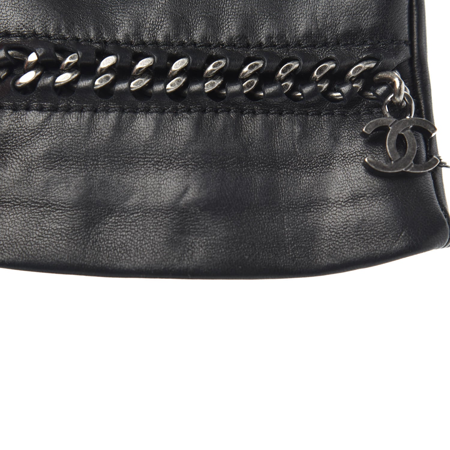 Chanel Lambskin Chain CC Fingerless Gloves 7.5 Black White Pink 4 of 6