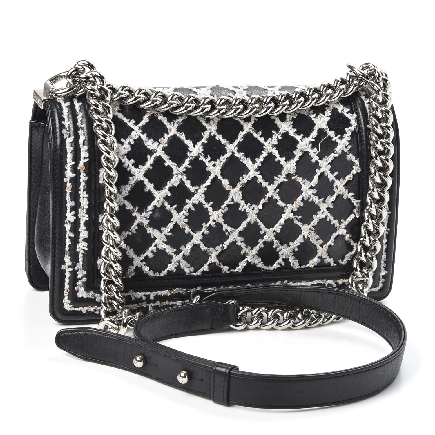 Chanel Calfskin Tweed Sequin Stitched Medium Boy Flap Black White 2 of 10