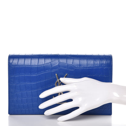 Saint Laurent Calfskin Crocodile Embossed Classic Kate Monogram Clutch Royal Blue 2 of 7