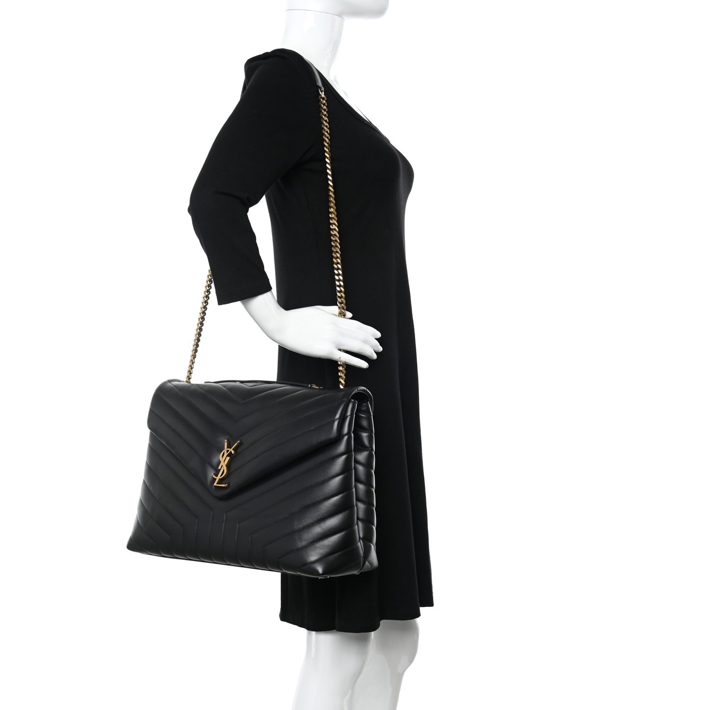 Calfskin Y Quilted Monogram Large Loulou Chain Satchel Black