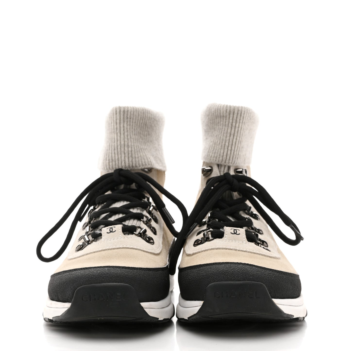 Suede Calfskin Knit CC High Top Lace Up Sneakers 40 Ivory Light Gray