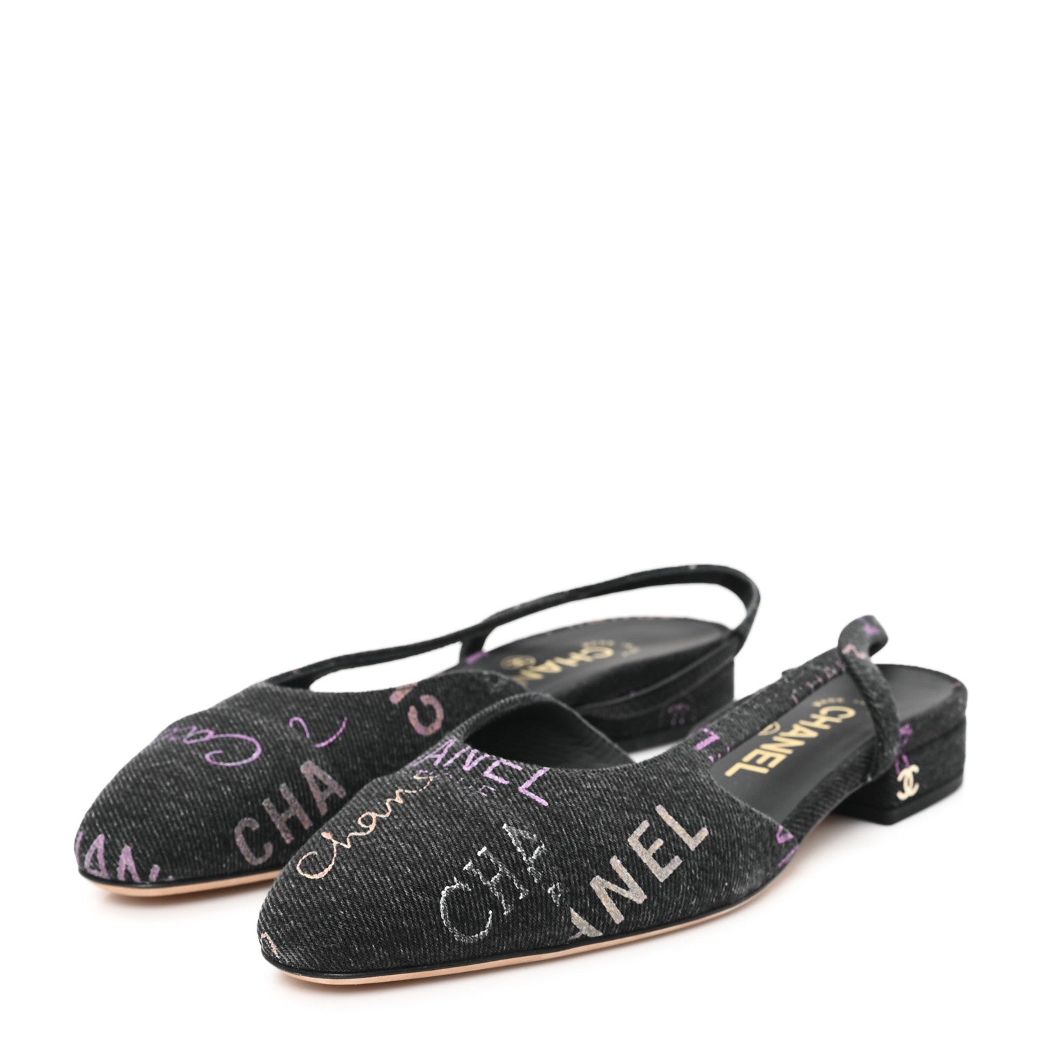 Chanel Denim Cap Toe Denim Mood Slingback Flats 36 Black Multicolor 4 of 9