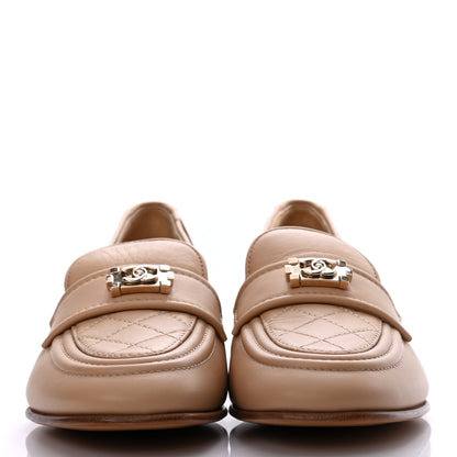 Chanel Lambskin Quilted Womens CC Loafers 37.5 Beige 2 of 9