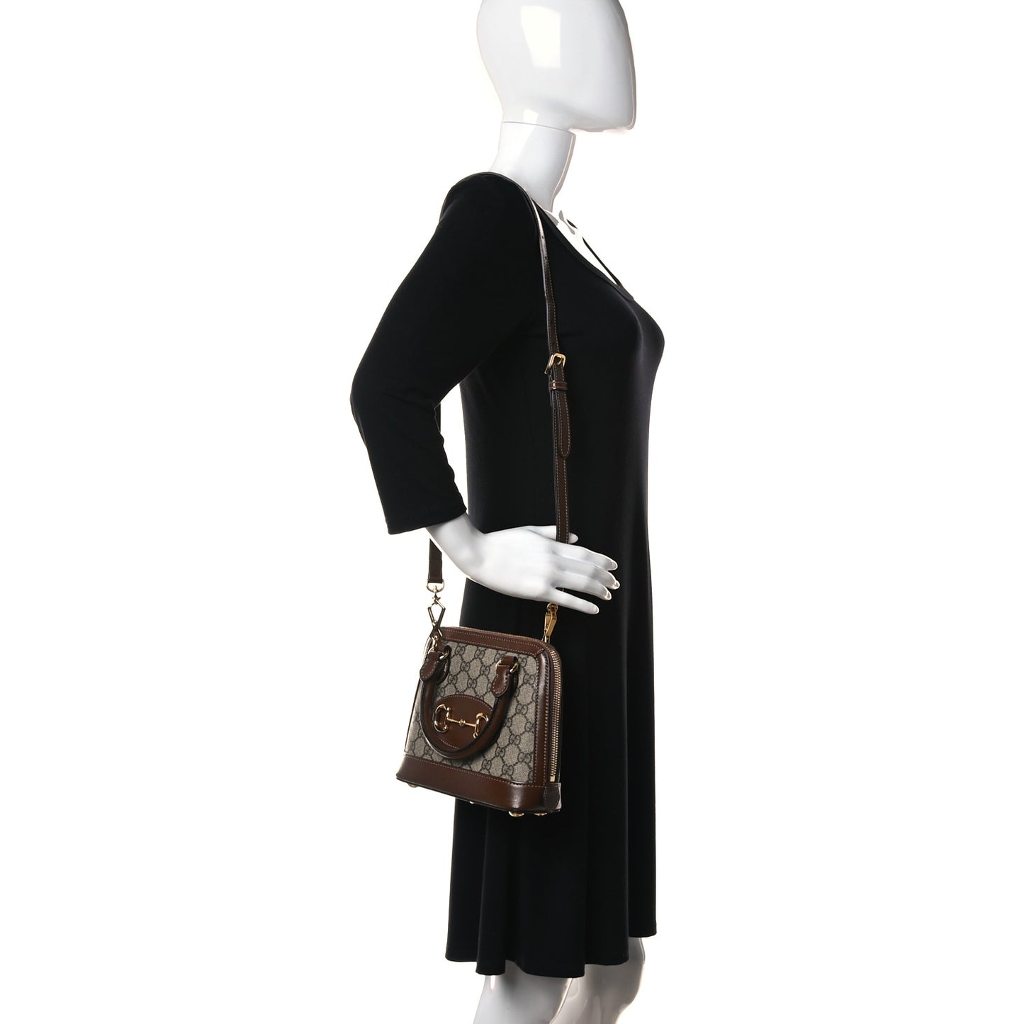 GG Supreme Monogram Azalea Calfskin Mini Horsebit 1955 Top Handle Bag Beige Ebony Brown Sugar
