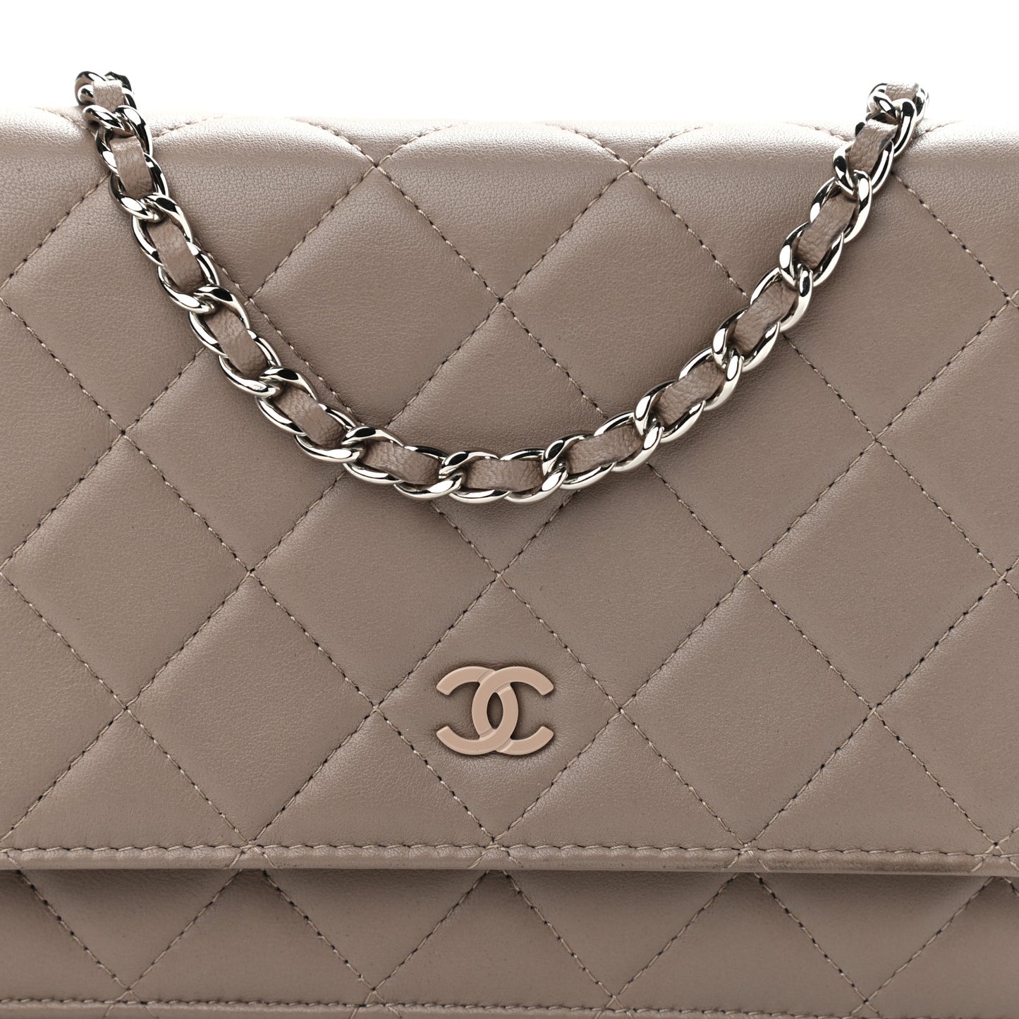 Lambskin Quilted Wallet on Chain WOC Taupe