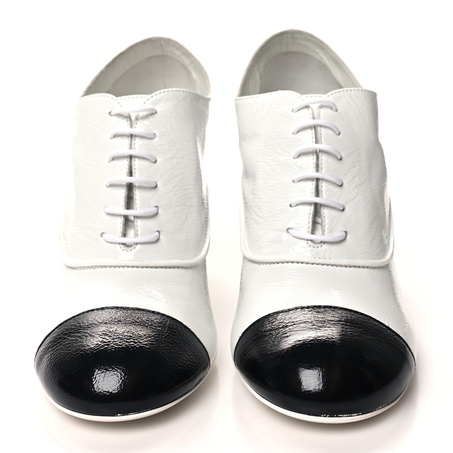 Chanel Shiny Crumpled Calfskin Cap Toe Lace Up Oxfords 37 White Black 2 of 9