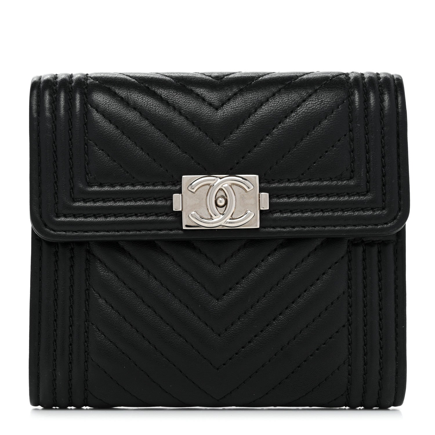 Chanel Lambskin Chevron Quilted Boy Compact Wallet Black 1 of 8