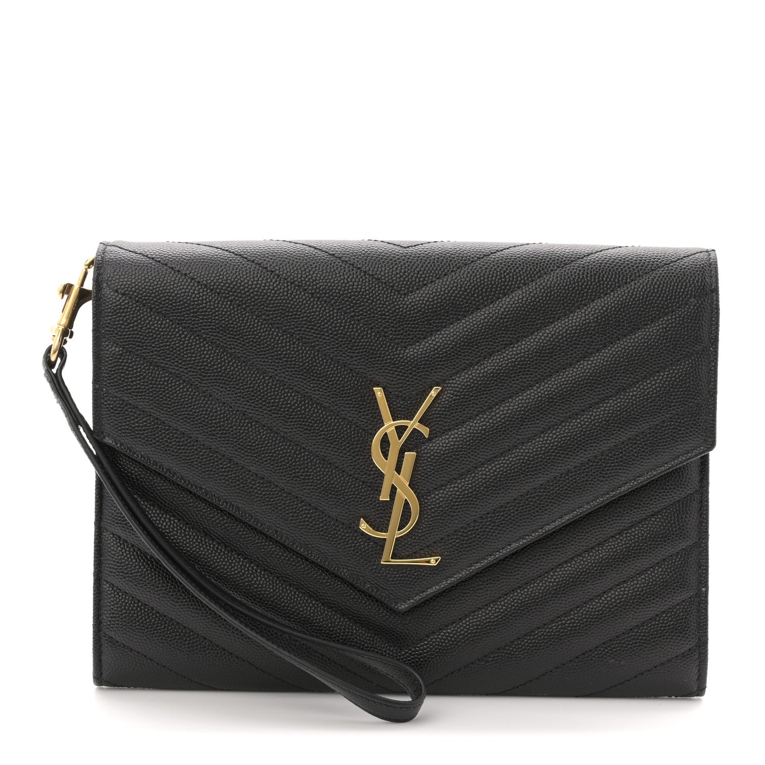 Saint Laurent Grain De Poudre Matelasse Chevron Monogram Envelope Clutch Black 1 of 8
