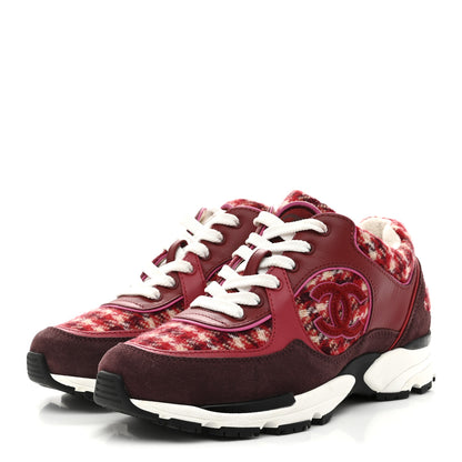 Chanel Wool Tweed Suede Calfskin Womens CC Sneakers 36 Red White Dark Brown Burgundy 4 of 10