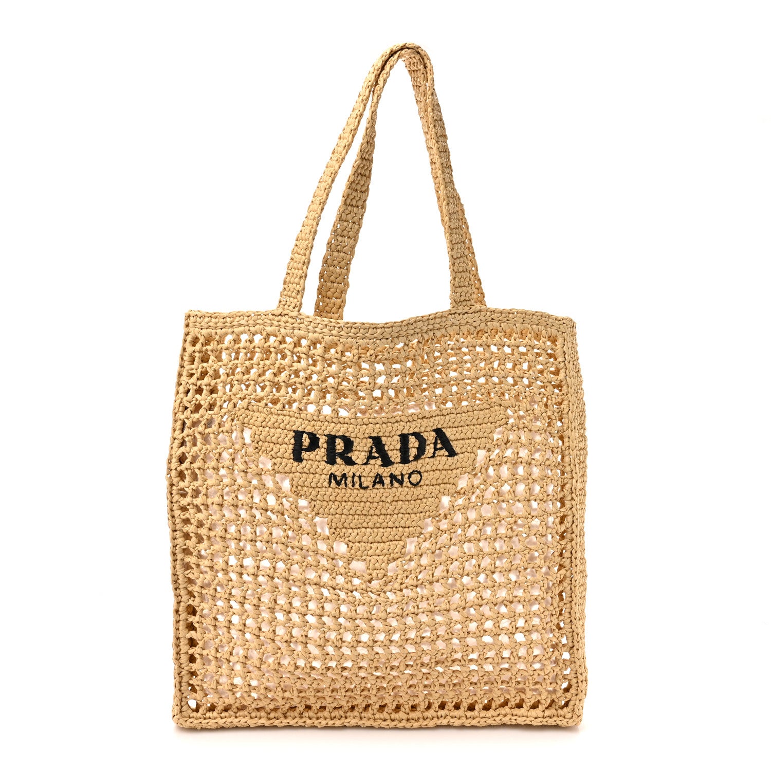 Prada Yarn Raffia Effect Crochet Logo Embroidered Tote Bag Naturale 1 of 9