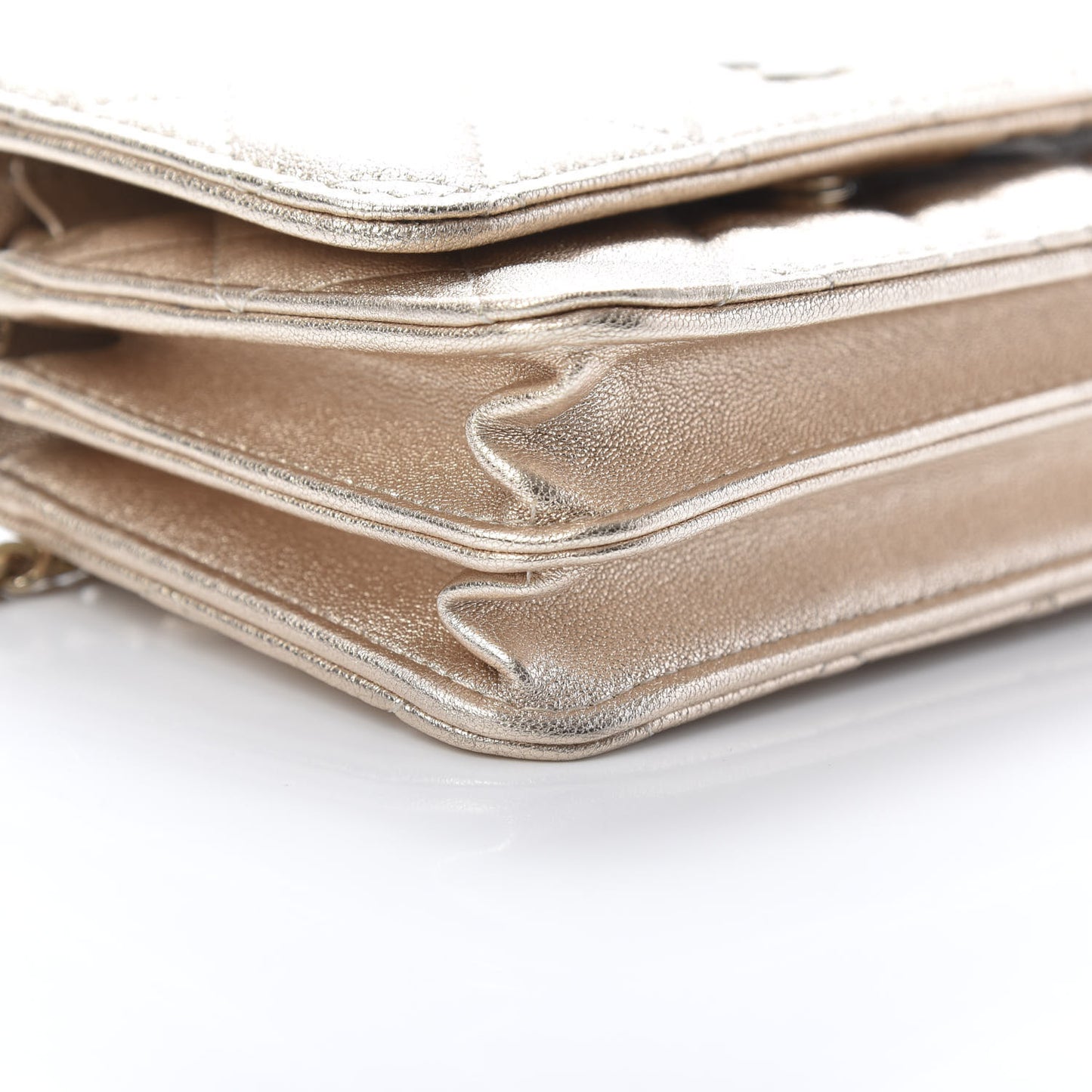 Metallic Lambskin Quilted Mini Wallet On Chain WOC Gold