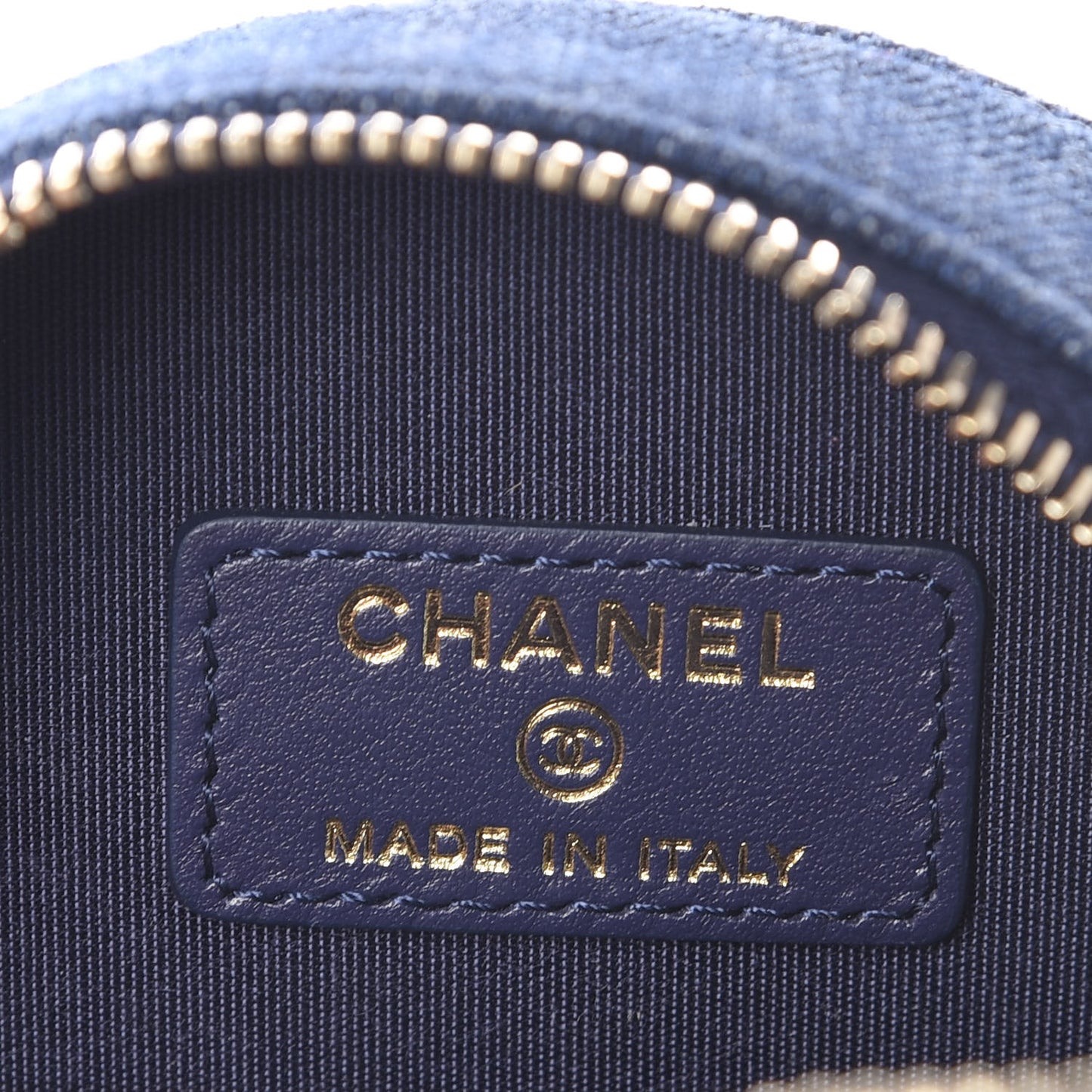 Denim Quilted Chanel 19 Round Clutch With Chain Blue