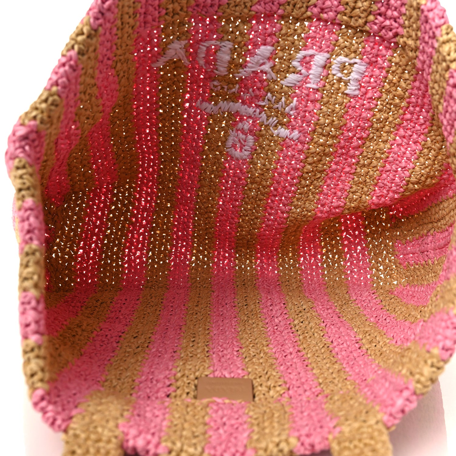 Prada Yarn Raffia Effect Crochet Striped Large Logo Tote Naturale Petalo 5 of 8