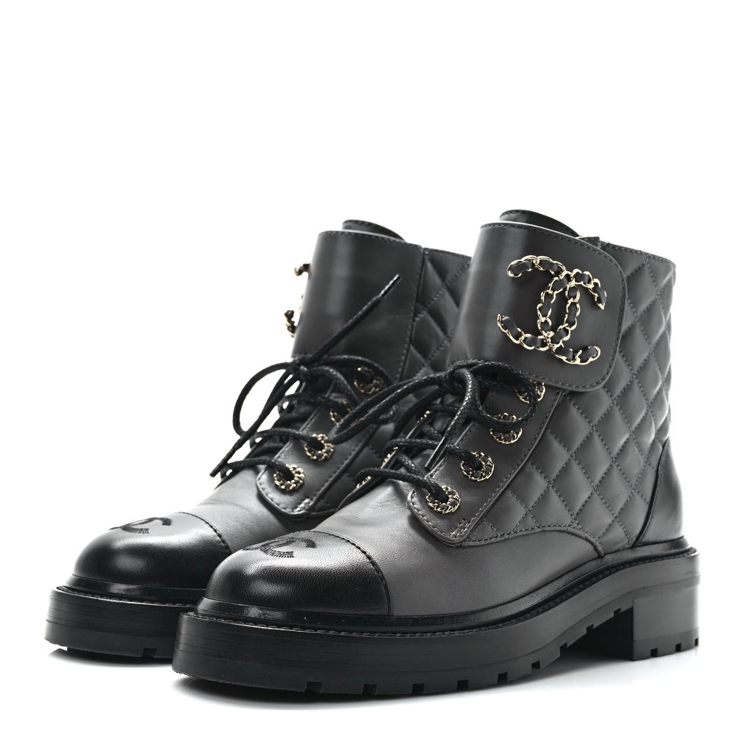 Shiny Lambskin Quilted Lace Up Combat Boots 36 Grey Black