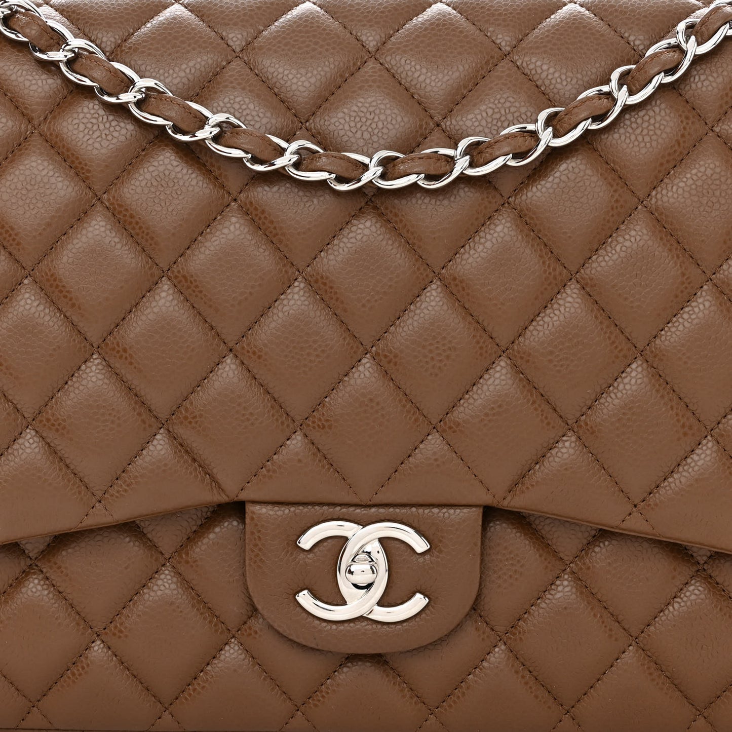Caviar Quilted Maxi Double Flap Light Brown