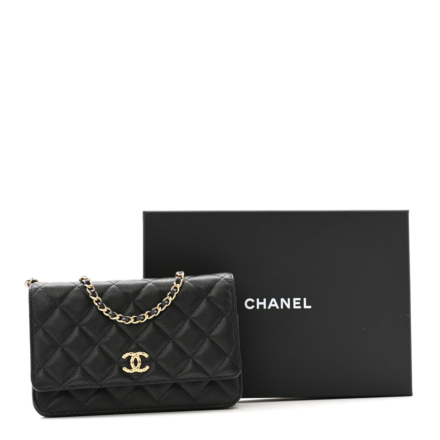 Caviar Quilted Textured CC Wallet On Chain WOC Black