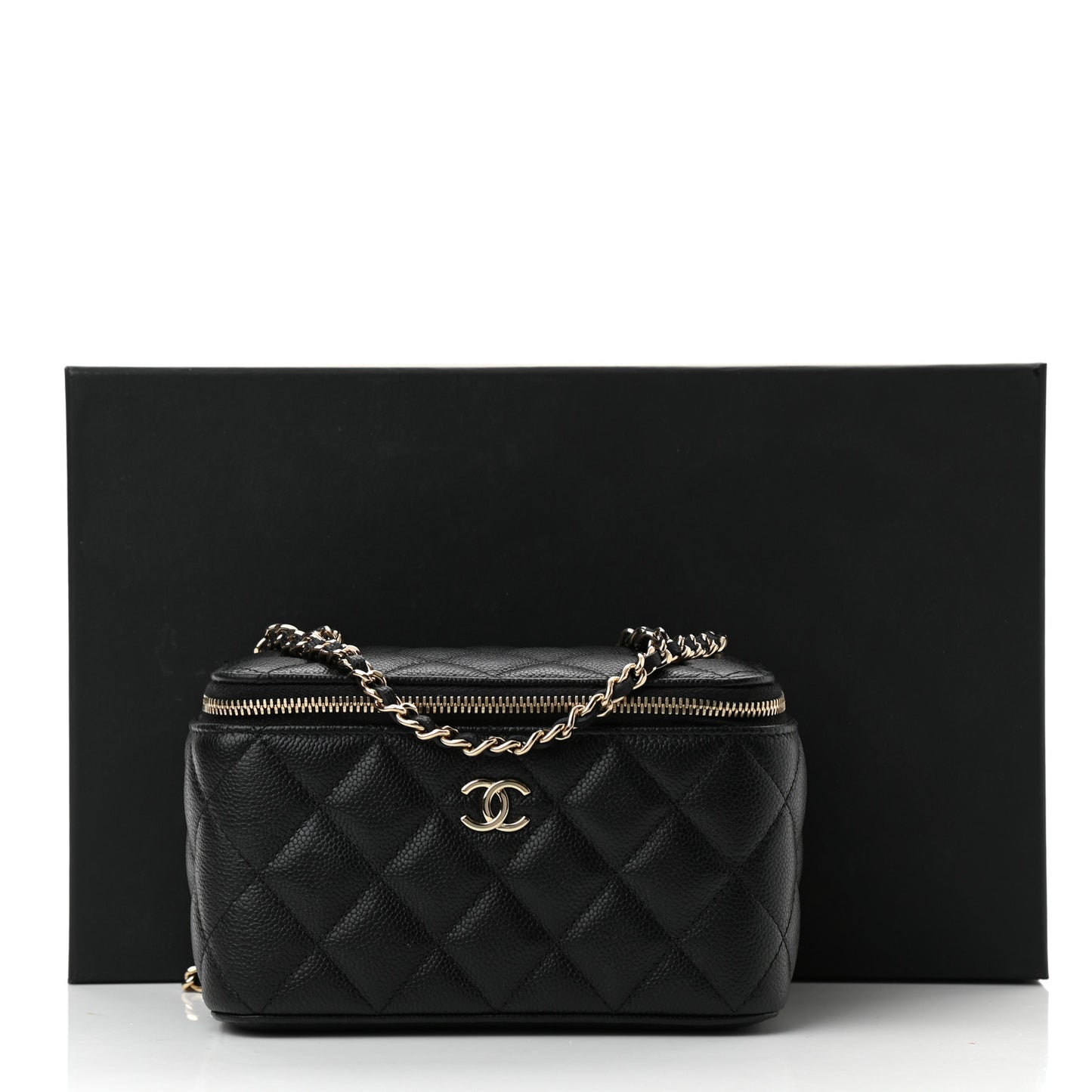 Caviar Quilted Small Vanity Case With Chain Black