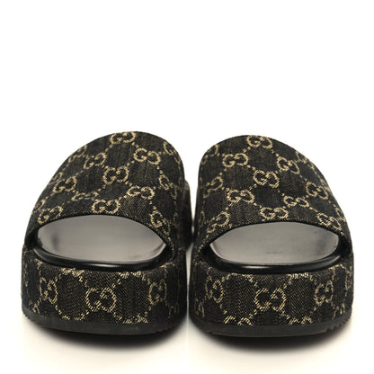 Gucci Jacquard Black Denim GG Monogram Angelina Platform 55mm Slide Sandals 40 Black Ivory 3 of 9