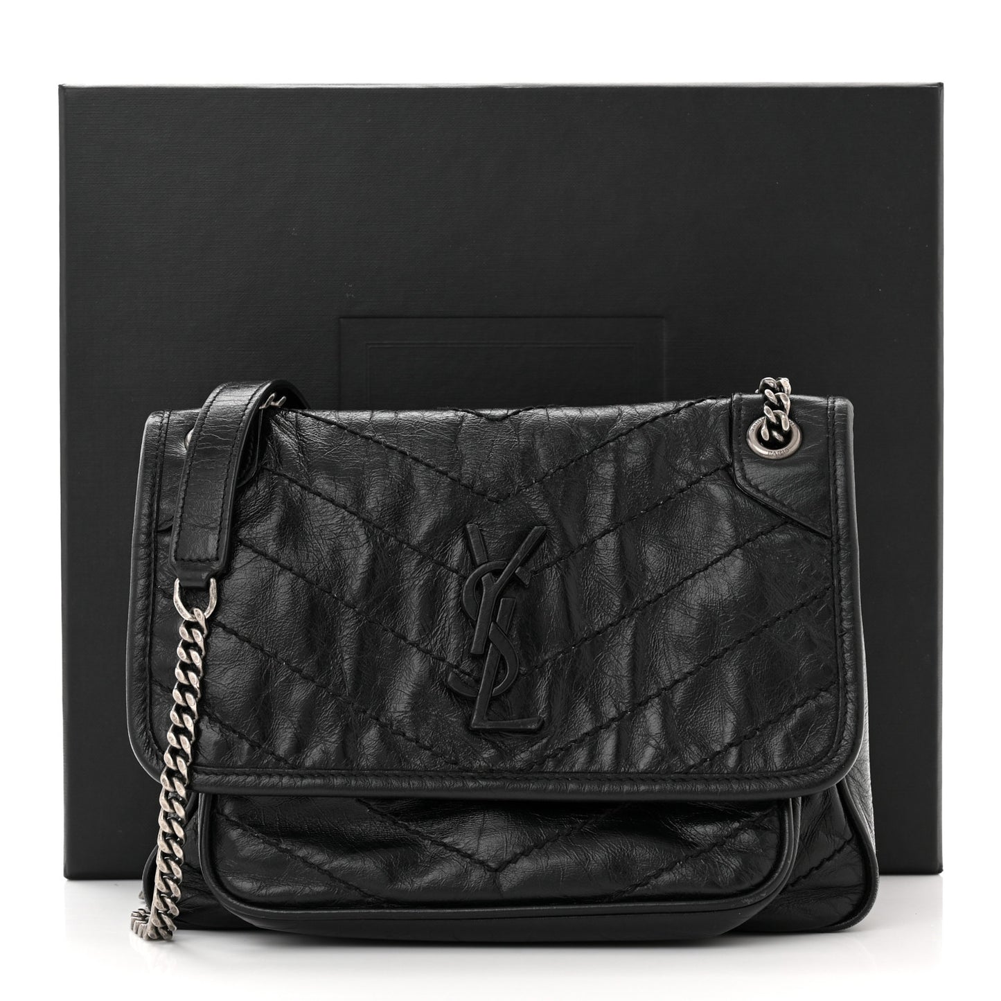 Crinkled Calfskin Matelasse Monogram Baby Niki Chain Satchel Black