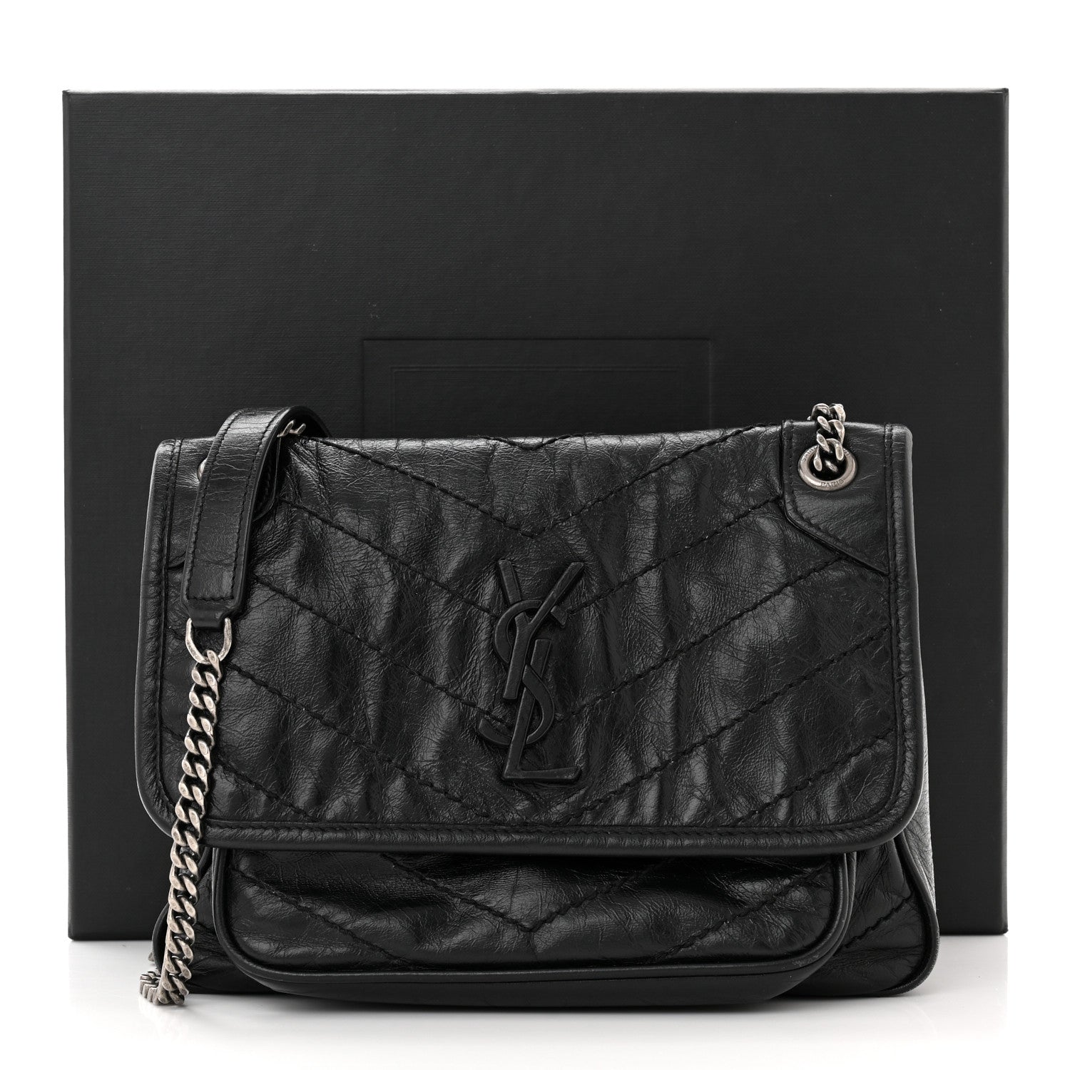 Saint Laurent Crinkled Calfskin Matelasse Monogram Baby Niki Chain Satchel Black 11 of 11