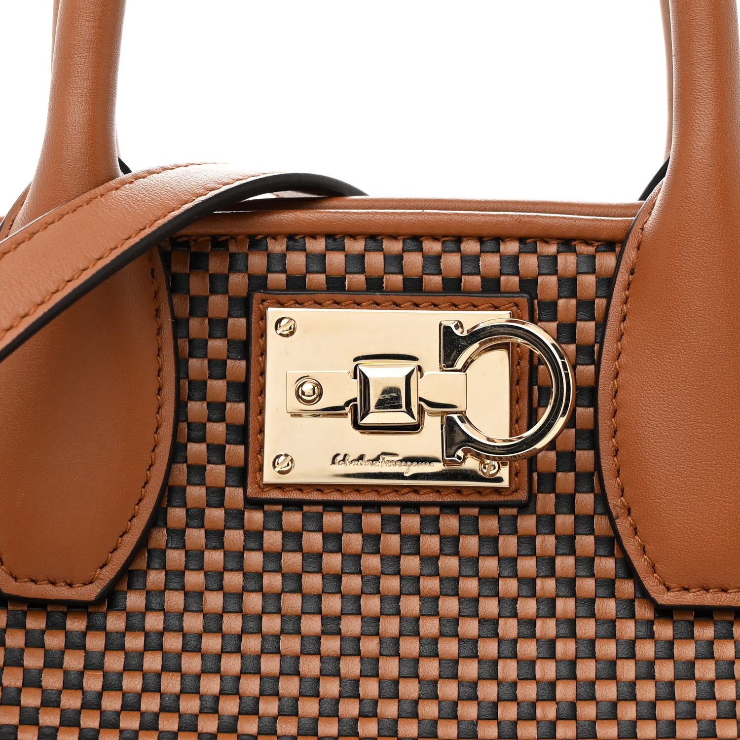 Salvatore Ferragamo Woven Calfskin Medium Studio Top Handle Bag Tan Black 7 of 10