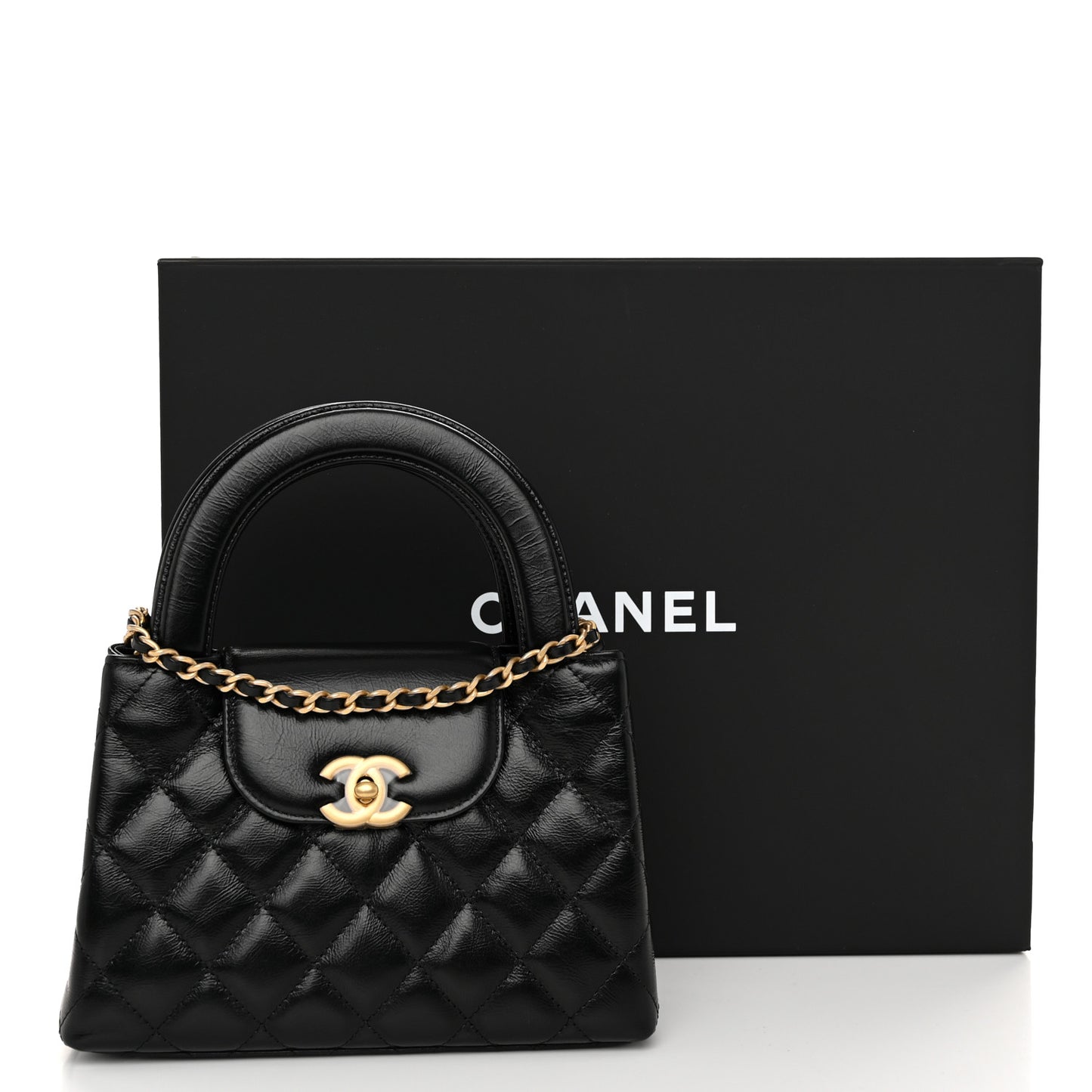 Shiny Aged Calfskin Quilted Nano Kelly Shopper Black