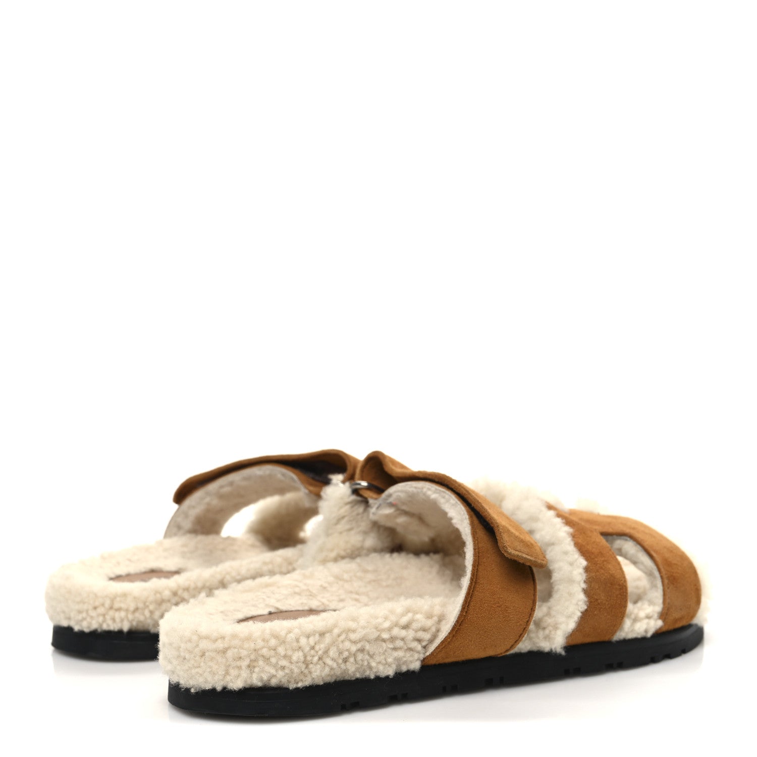 Hermes Suede Goatskin Woolskin Womens Chypre Sandals 37 Brun Fume Ecru 5 of 10