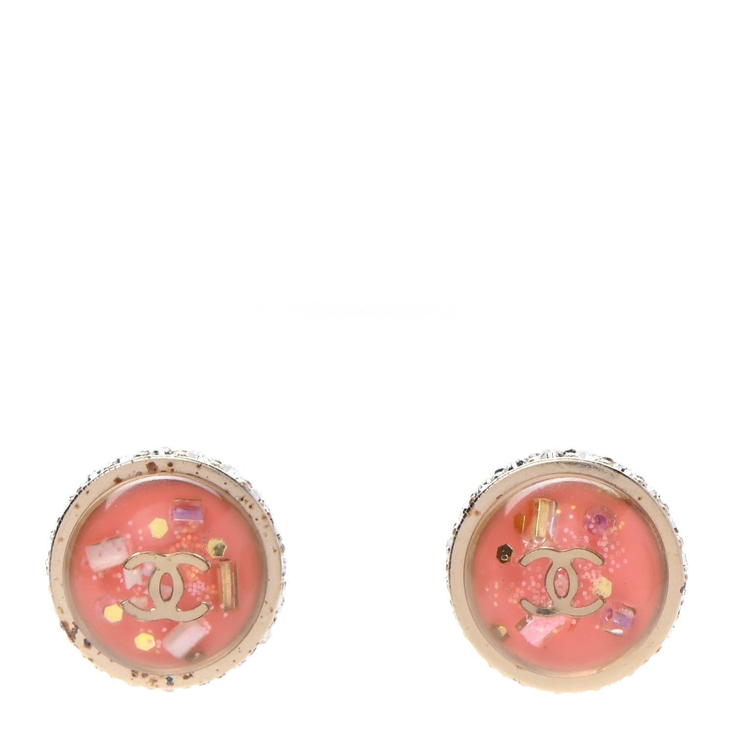 Chanel Resin Crystal Round CC Stud Earrings Rose 1 of 6