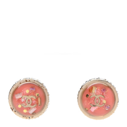 Chanel Resin Crystal Round CC Stud Earrings Rose 1 of 6