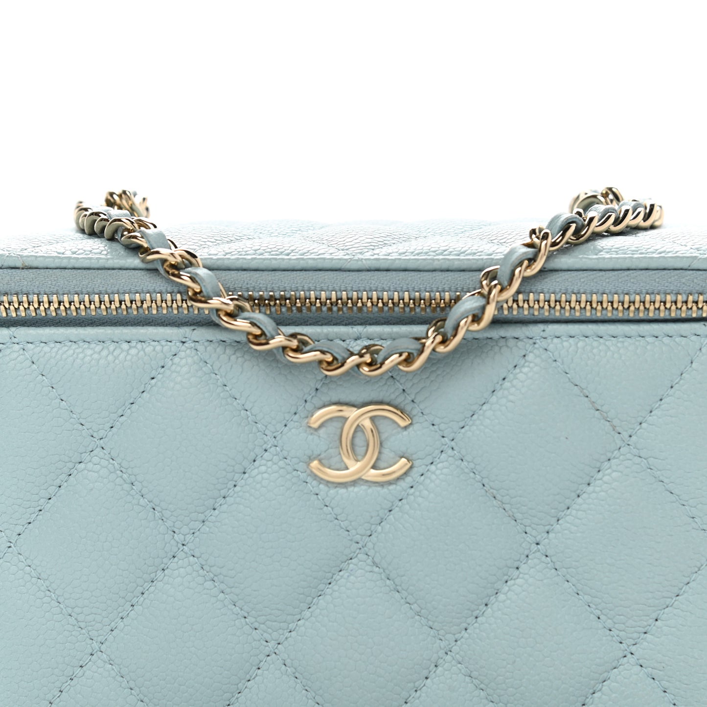 Caviar Quilted Small Tiny CC Vanity Case With Chain Light Blue