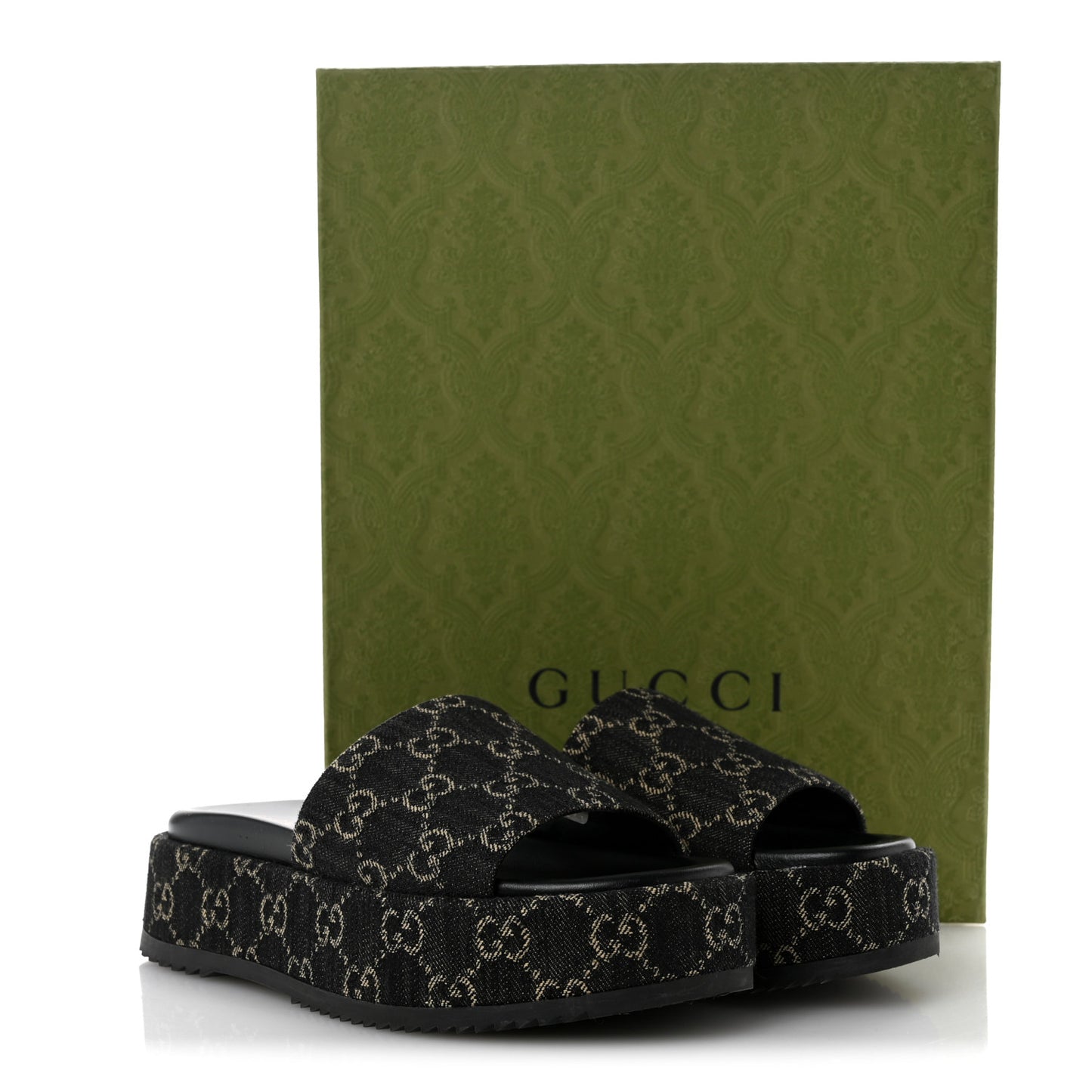 Jacquard Black Denim GG Monogram Angelina Platform 55mm Slide Sandals 38.5 Black Ivory