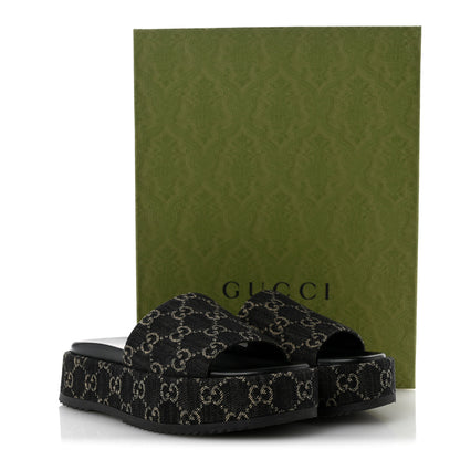 Gucci Jacquard Black Denim GG Monogram Angelina Platform 55mm Slide Sandals 38.5 Black Ivory 12 of 12