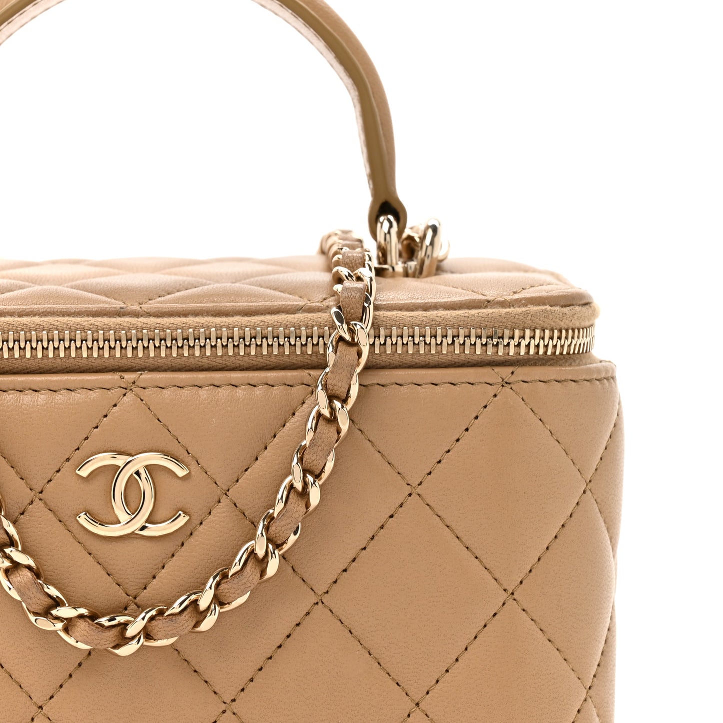 Lambskin Quilted Small Top Handle Vanity Case With Chain Beige