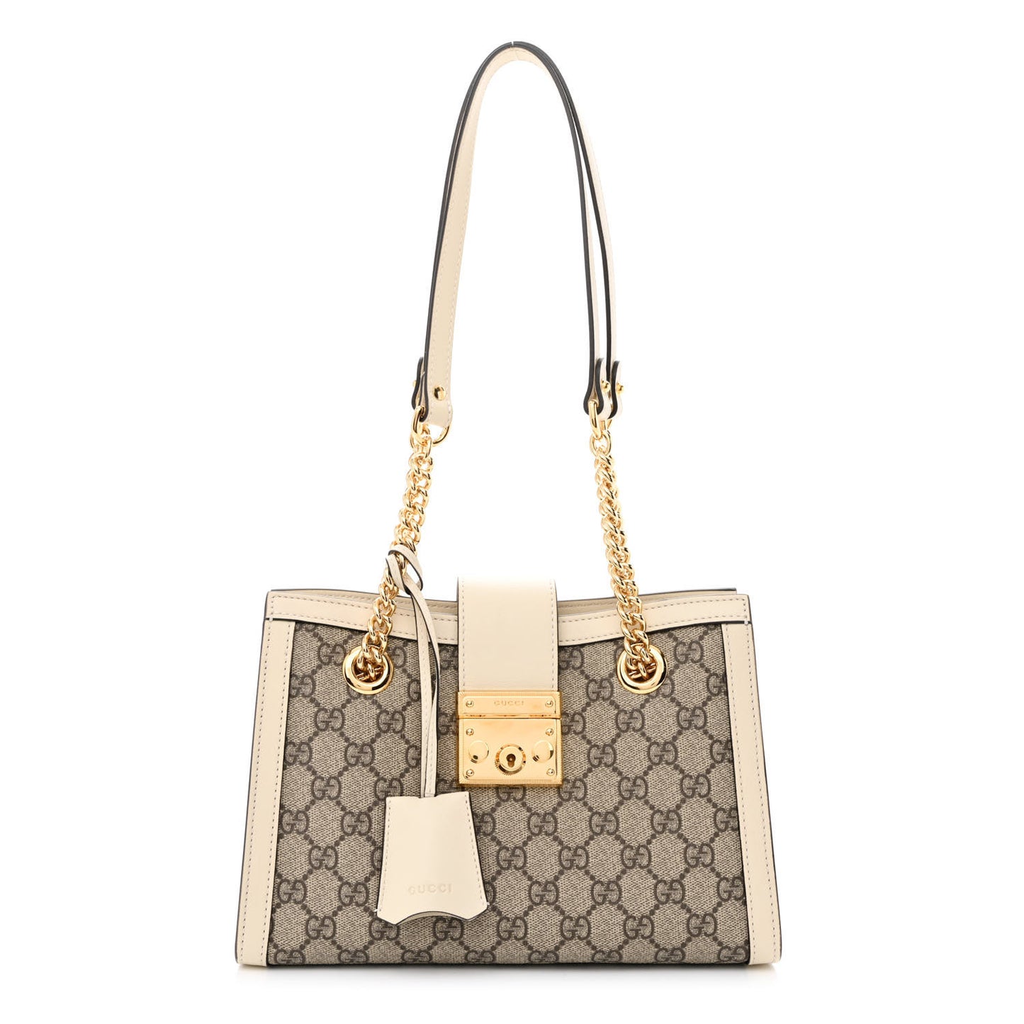 GG Supreme Monogram Moon Calfskin Small Padlock Tote Beige Ebony Mystic White