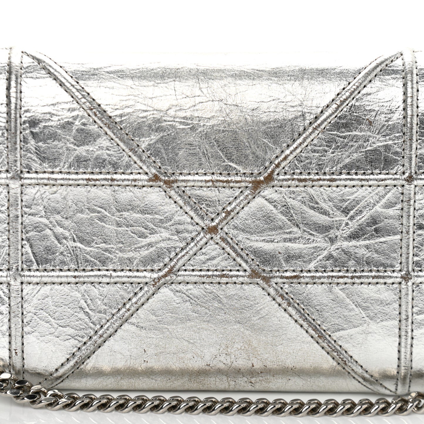Metallic Crinkled Lambskin Diorama Croisiere Chain Wallet Silver
