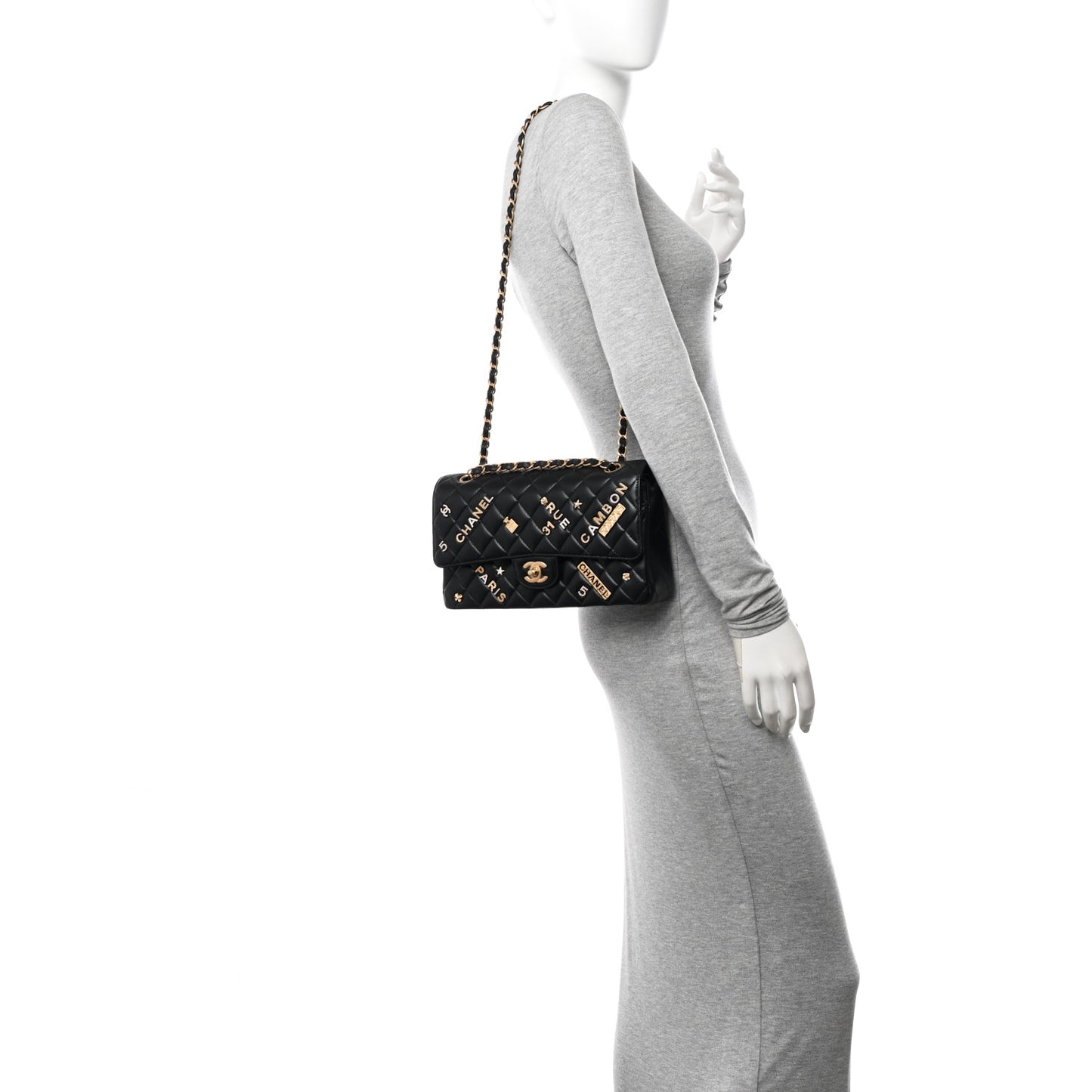 Lambskin Quilted Medium Rue Cambon Charms Double Flap Black